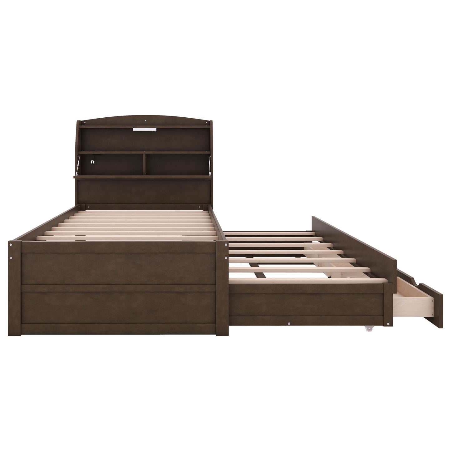 Twin Size LED Platform Bed With Trundle With Storage Headboard With Drawers - Brown