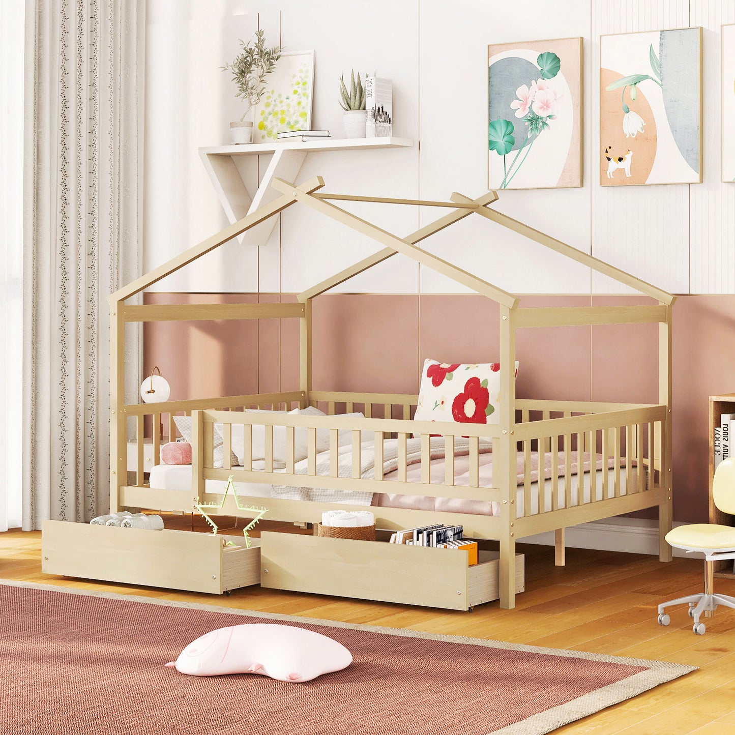 Full Size House Bed With 2 Drawers - Natural