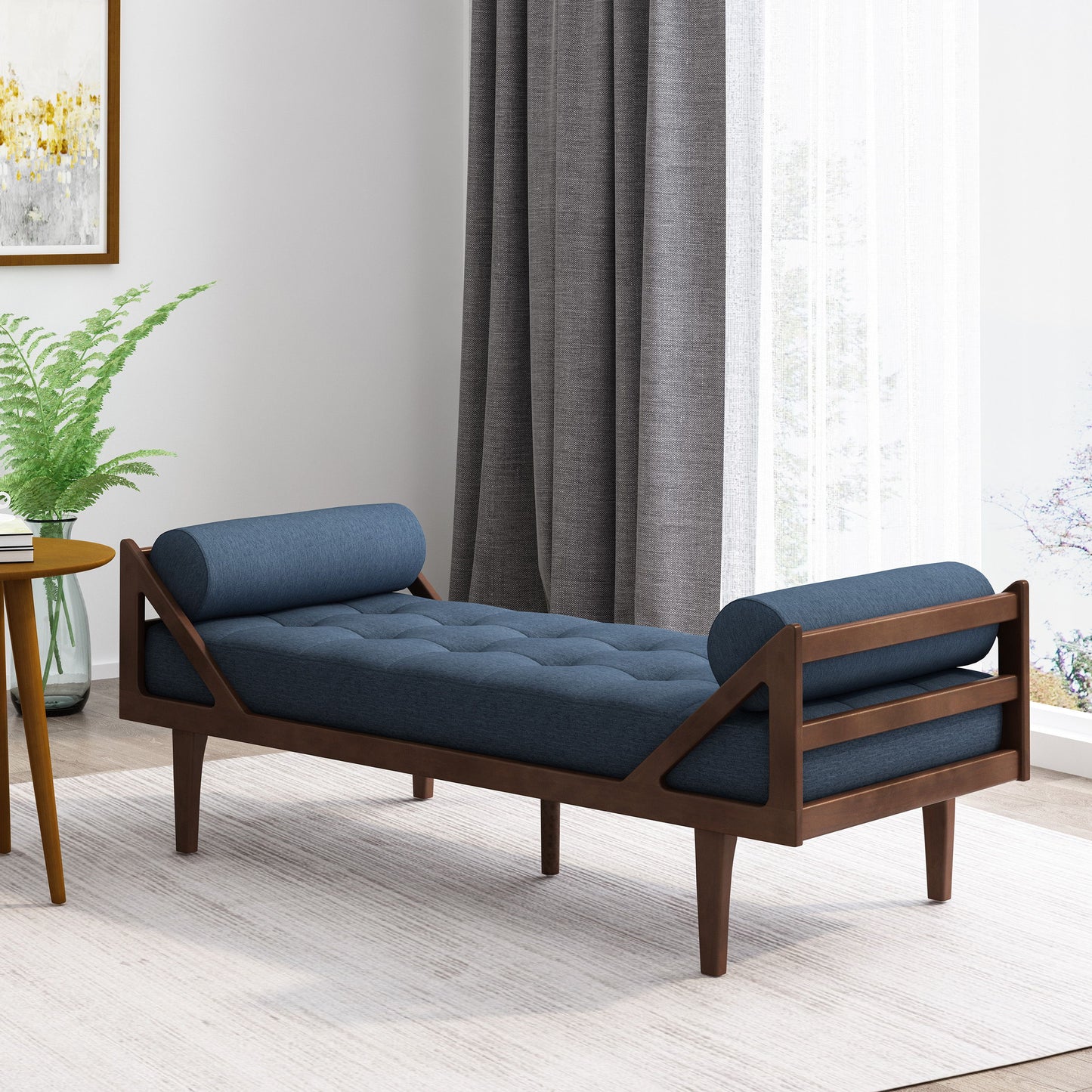 Chic Contemporary Chaise Lounge With Button Tufting And Bentwood Structure - Navy Blue
