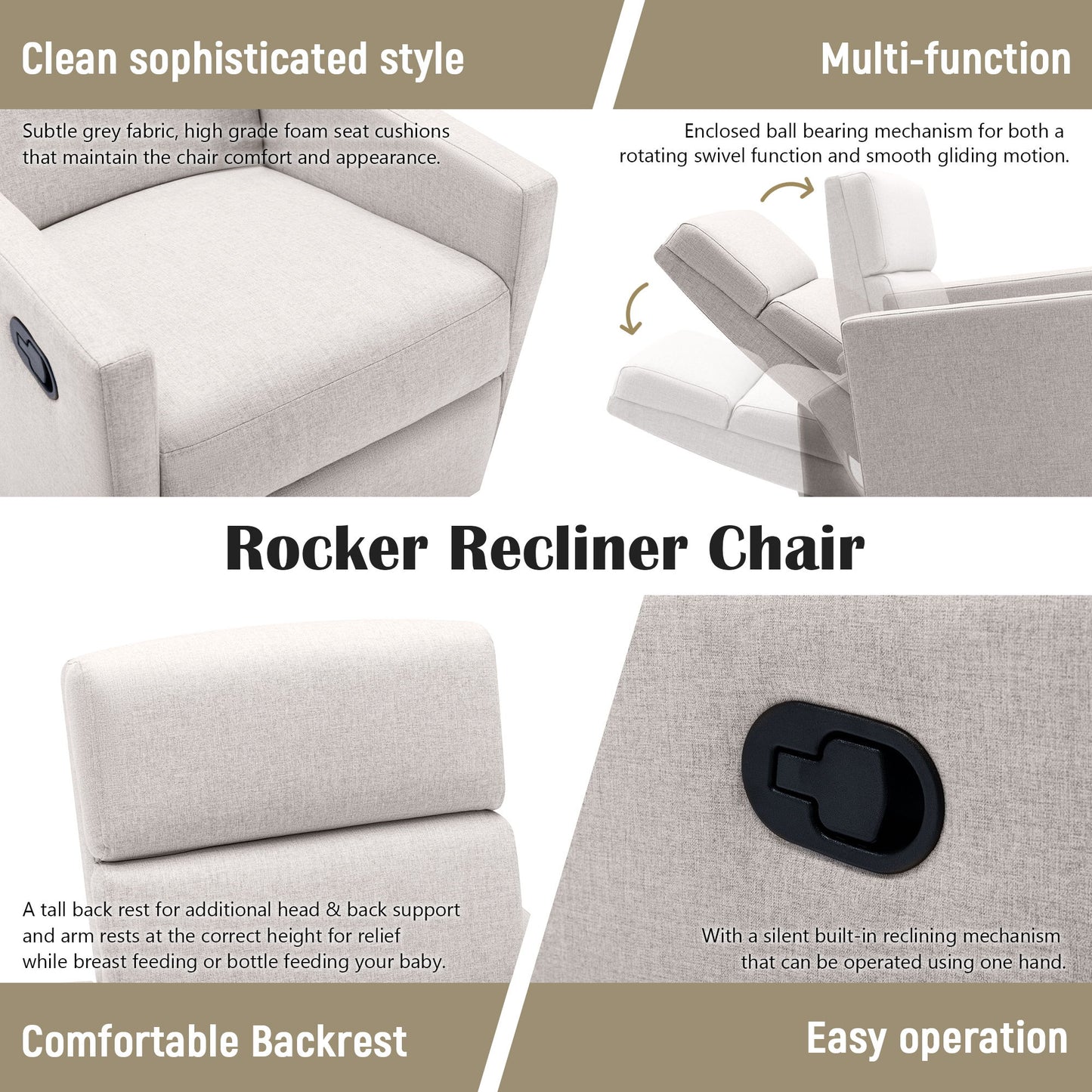 Modern Upholstered Rocker Nursery Chair Plush Seating Glider Swivel Recliner Chair - Tan