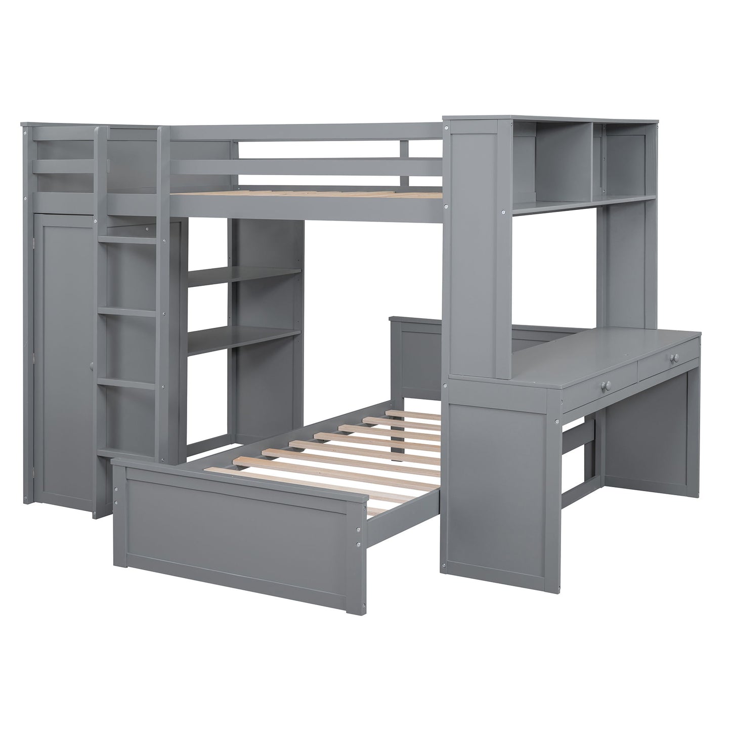 Full Size Loft Bed With A Twin Size Standalone Bed, Shelves, Desk, And Wardrobe - Gray
