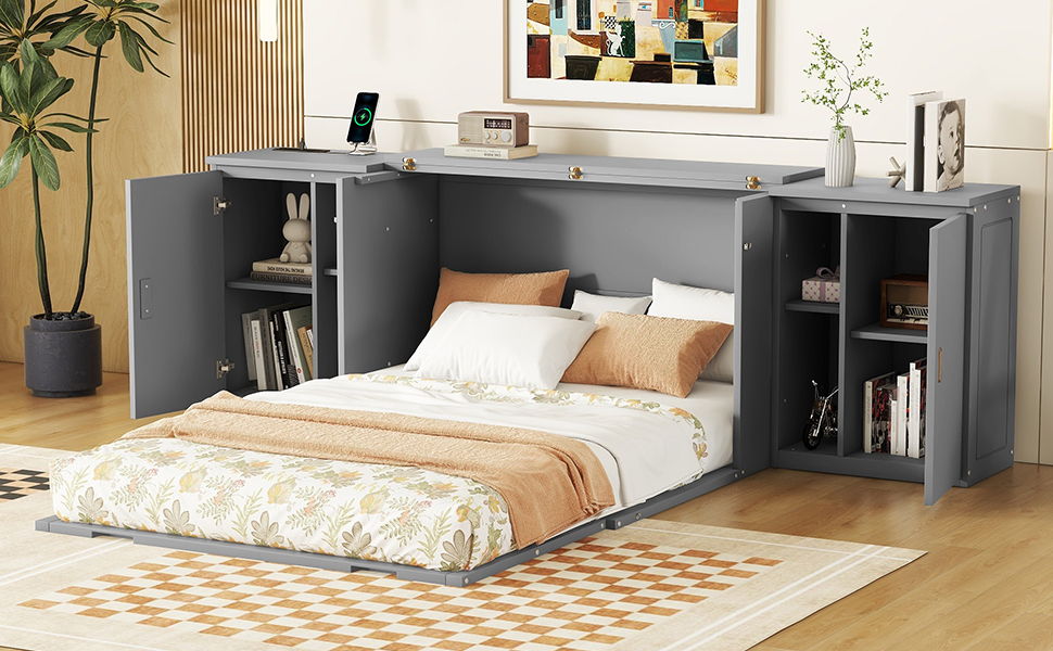Full Size Murphy Bed With Shelves, Cabinets And USB Ports - Gray