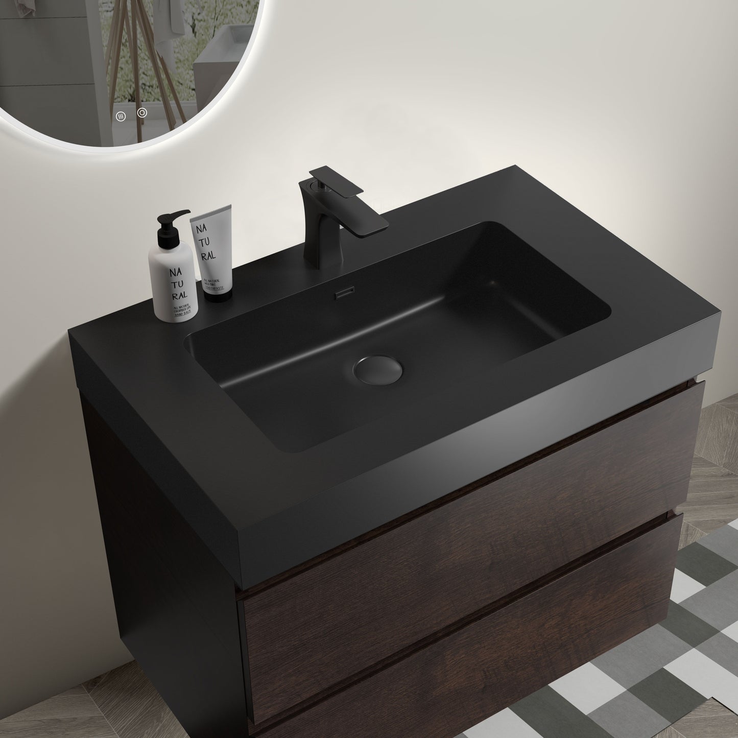 Alice - 30" Bathroom Vanity With Sink, Large Storage Wall Mounted Floating Bathroom Vanity For Modern Bathroom, One-Piece Sink Basin Without Drain And Faucet - Walnut / Black
