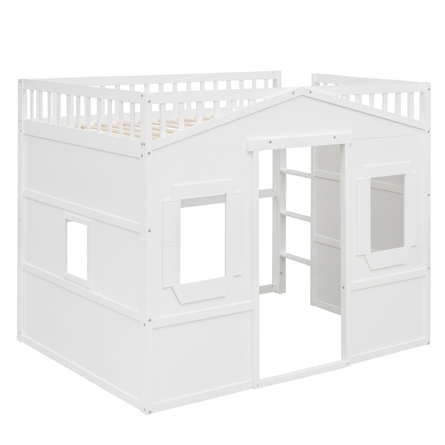 Full Size House Loft Bed With Ladder - White