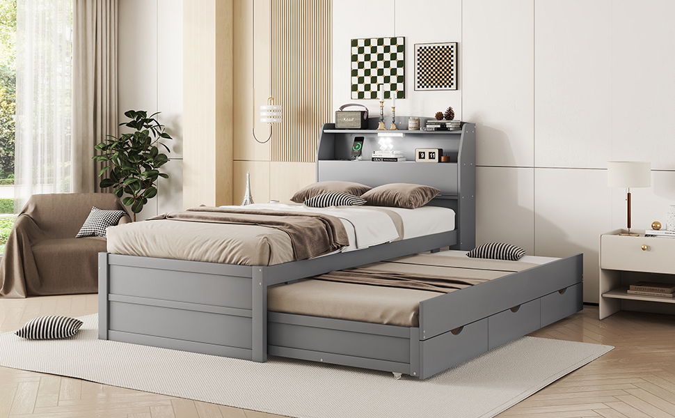 Twin Size LED Platform Bed With Trundle With Storage Headboard With Drawers - Gray