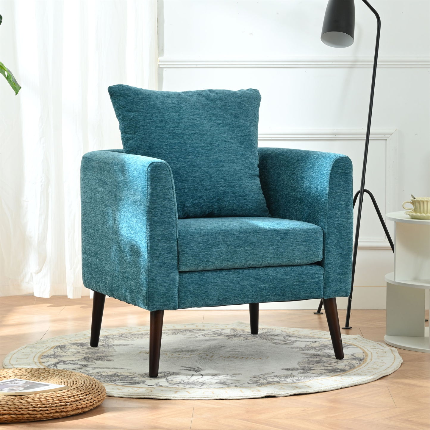Accent Chair, Boucle Chair, Barrel Chair, Fabric Armchair Club Chair, Upholstered Arm Chair With Solid Wood Legs, Waist Pillow, Padded Single Chair For Living Room / Bedroom / Study / Waiting Room - Teal