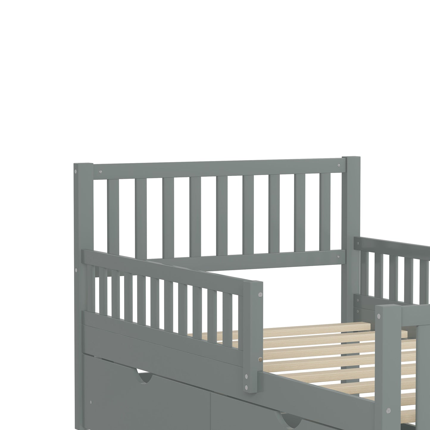 Twin Size Platform Bed With Guardrails On Both Sides And 2 Storage Drawers - Gray