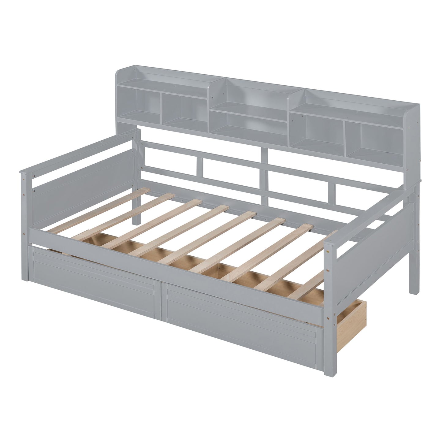 Twin Size Daybed, Slat Support, With Bedside Shelves And 2 Drawers - Gray