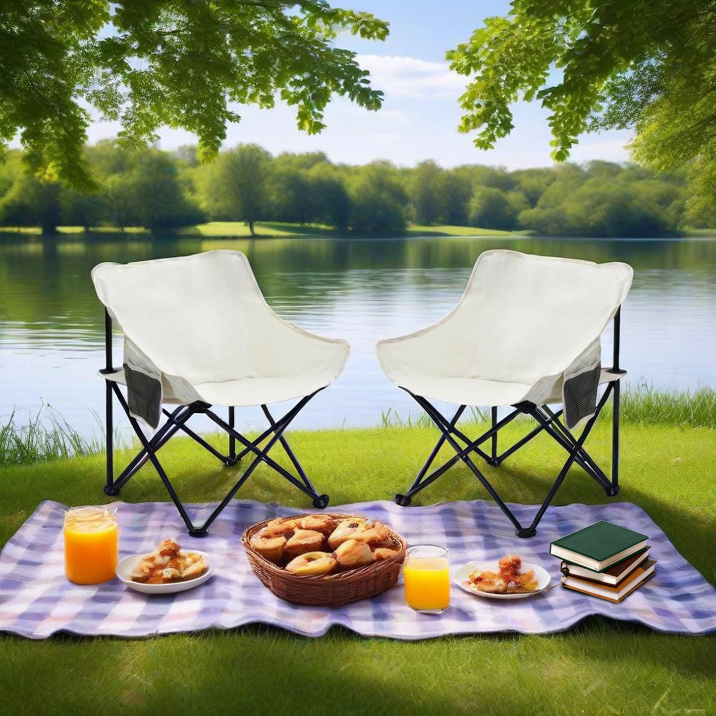 2 Pieces Outdoor Camping Chairs Folding / Portable, Comfortable Seating, Durable Steel Frame - Beige