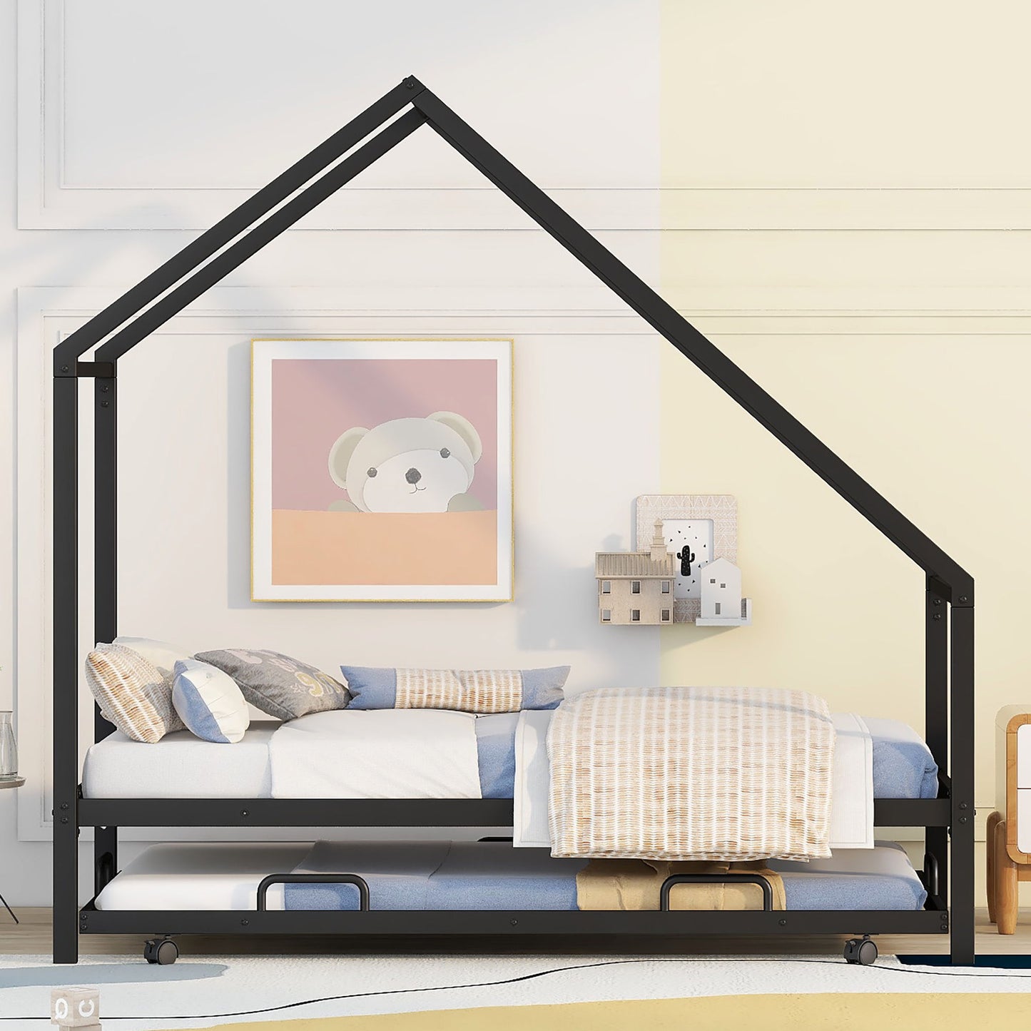 Twin Size House Bed With Trundle - Black
