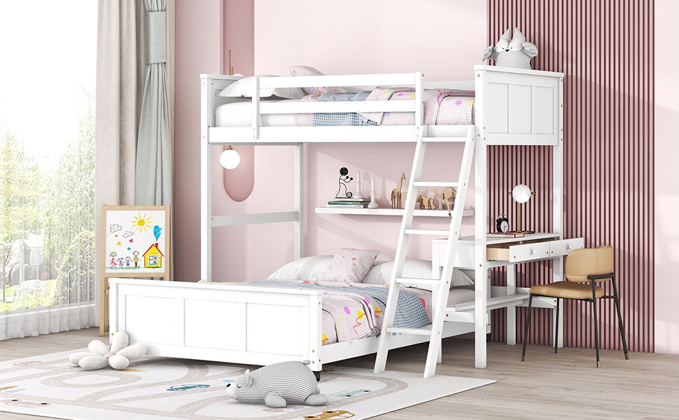 Twin Over Full Bunk Bed With Desk - White