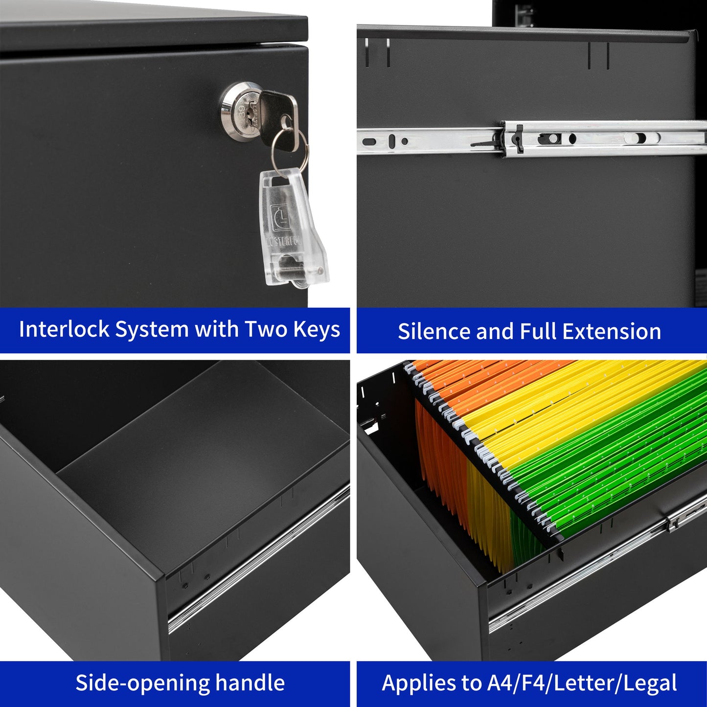 2 Drawer Mobile File Cabinet With Lock Steel File Cabinet For Legal / Letter / A4 / F4 Size/ Home / Office Design - Black