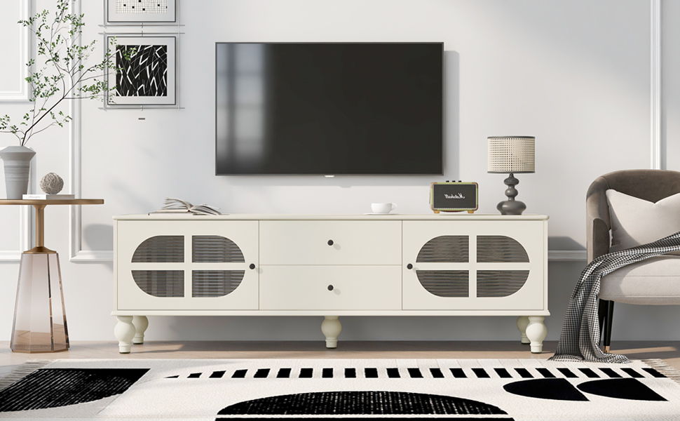 Modern TV Stand For TVs Up To 75", Entertainment Center Media Console With Fluted Glass Doors, 5 Solid Wood Legs For Living Room - Antique White