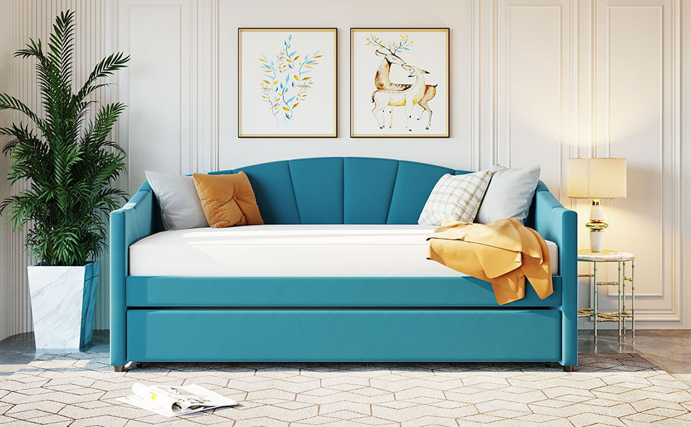 Twin Size Upholstered Daybed Sofa Bed With Trundle And Slat - Blue