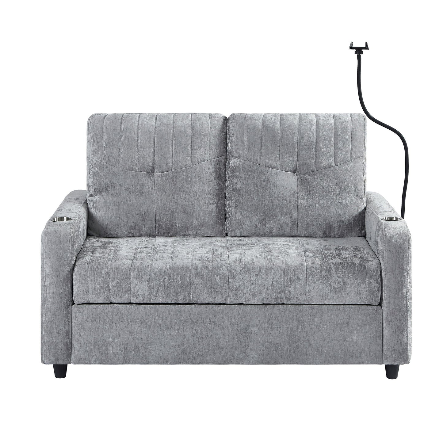 Modern Loveseat Pull Out Sofa Bed With Adjustable Backrest, Two Cup Holders, A Phone Holder, Three Charging Ports And Side Storage Pockets For Living Room - Gray