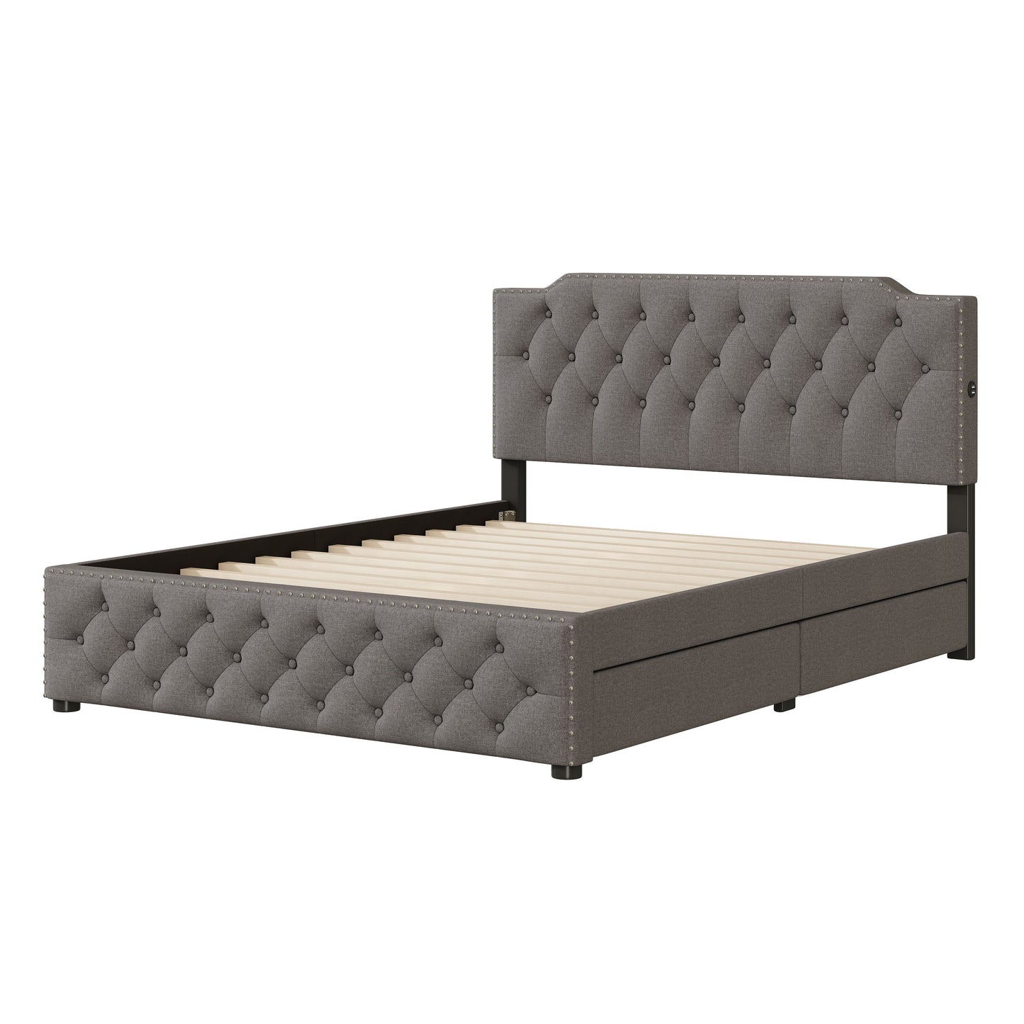 Queen Size Upholstered Platform Bed With 2 Drawers And 2 Sets Of USB Ports On Each Side - Gray
