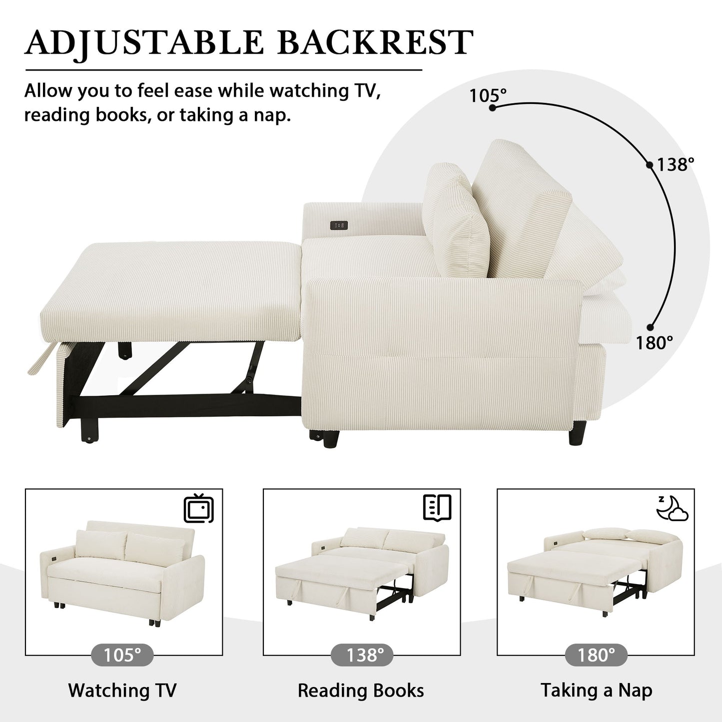 Pull Out Sofa Bed Convertible Couch 2 Seat Loveseat Sofa Modern Sleeper Sofa With 2 Throw Pillows And USB Ports For Living Room - Beige