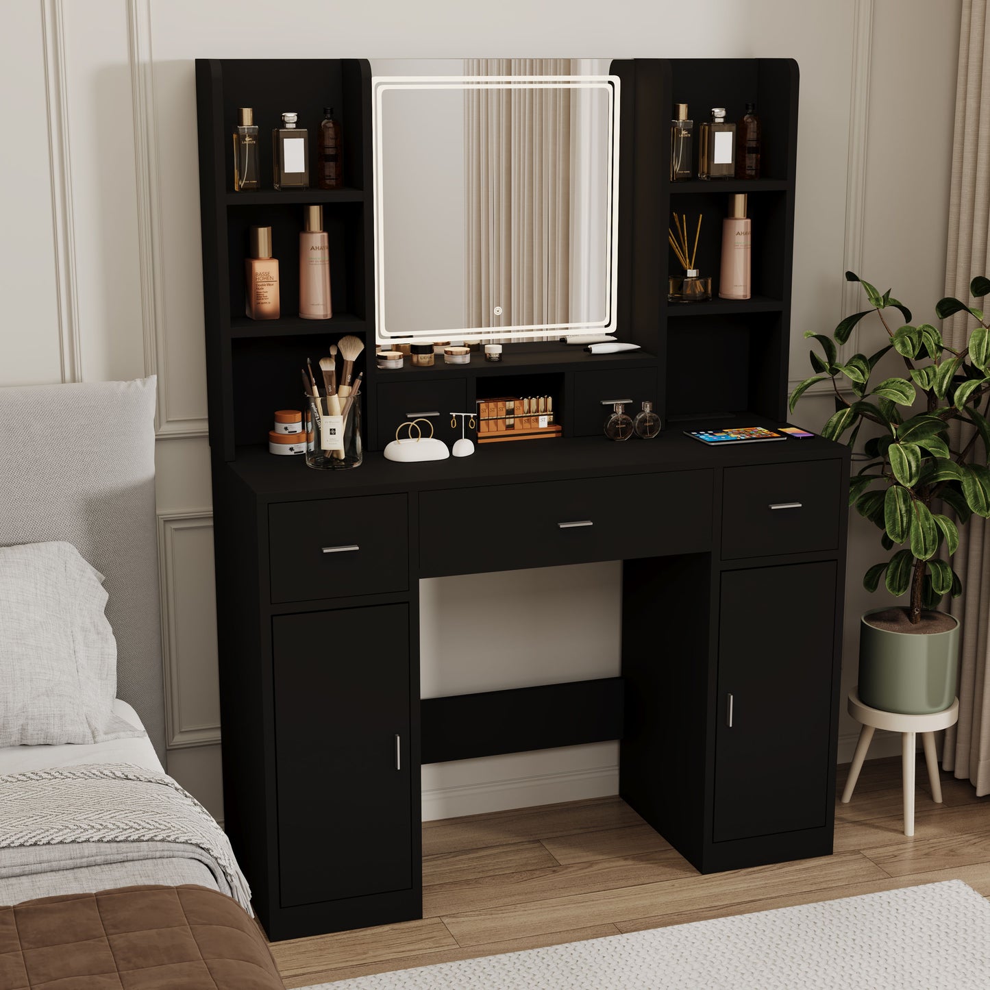 43.31" Newly Designed Smart Mirror Dressing Table With Drawers And Storage Cabinet, Dressing Table With Dressing Pad For Bedroom, Dressing Room - Black
