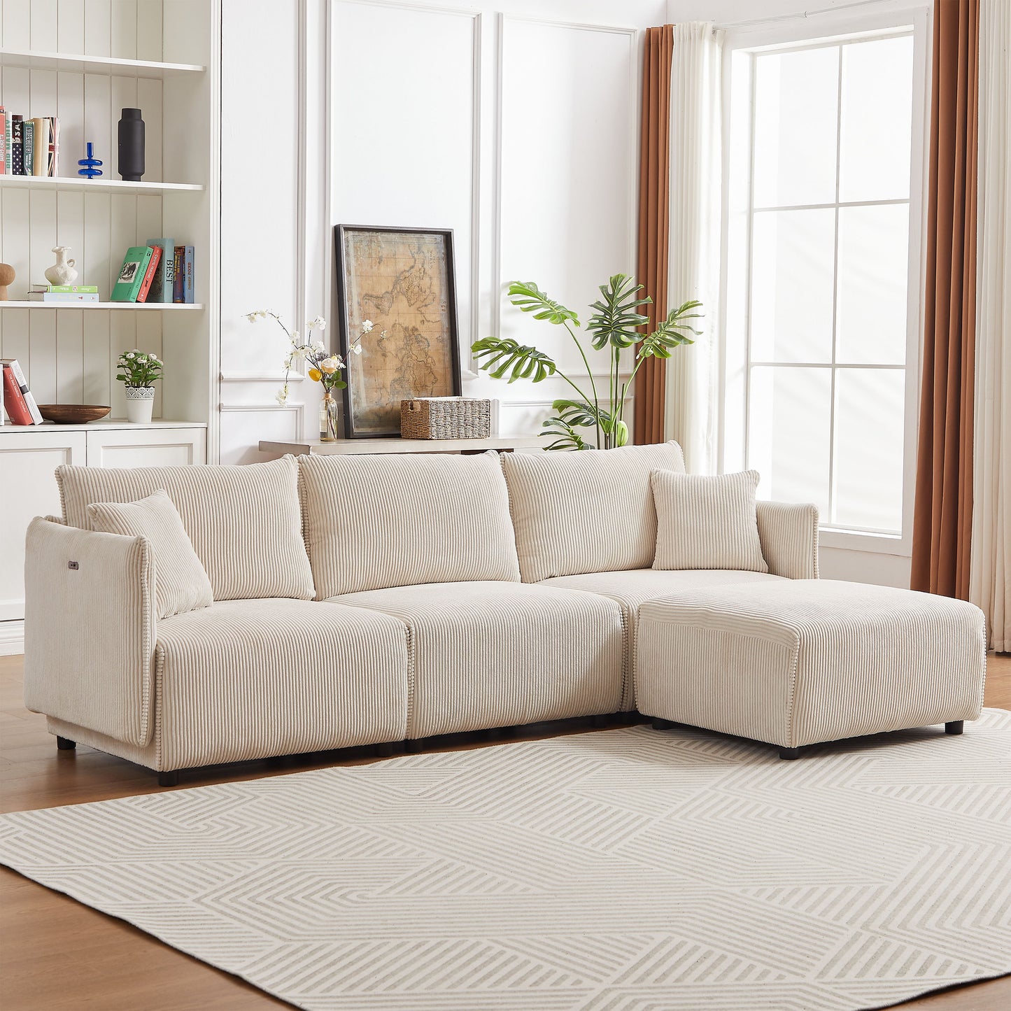 Multi Module Combination Style Sofa For Living Room And Other Lounge Spaces, Modern Minimalist Corduroy Combination Sofa With 2 Comfort Cushions With USB & C Charging Ports, 2 Sets - Beige