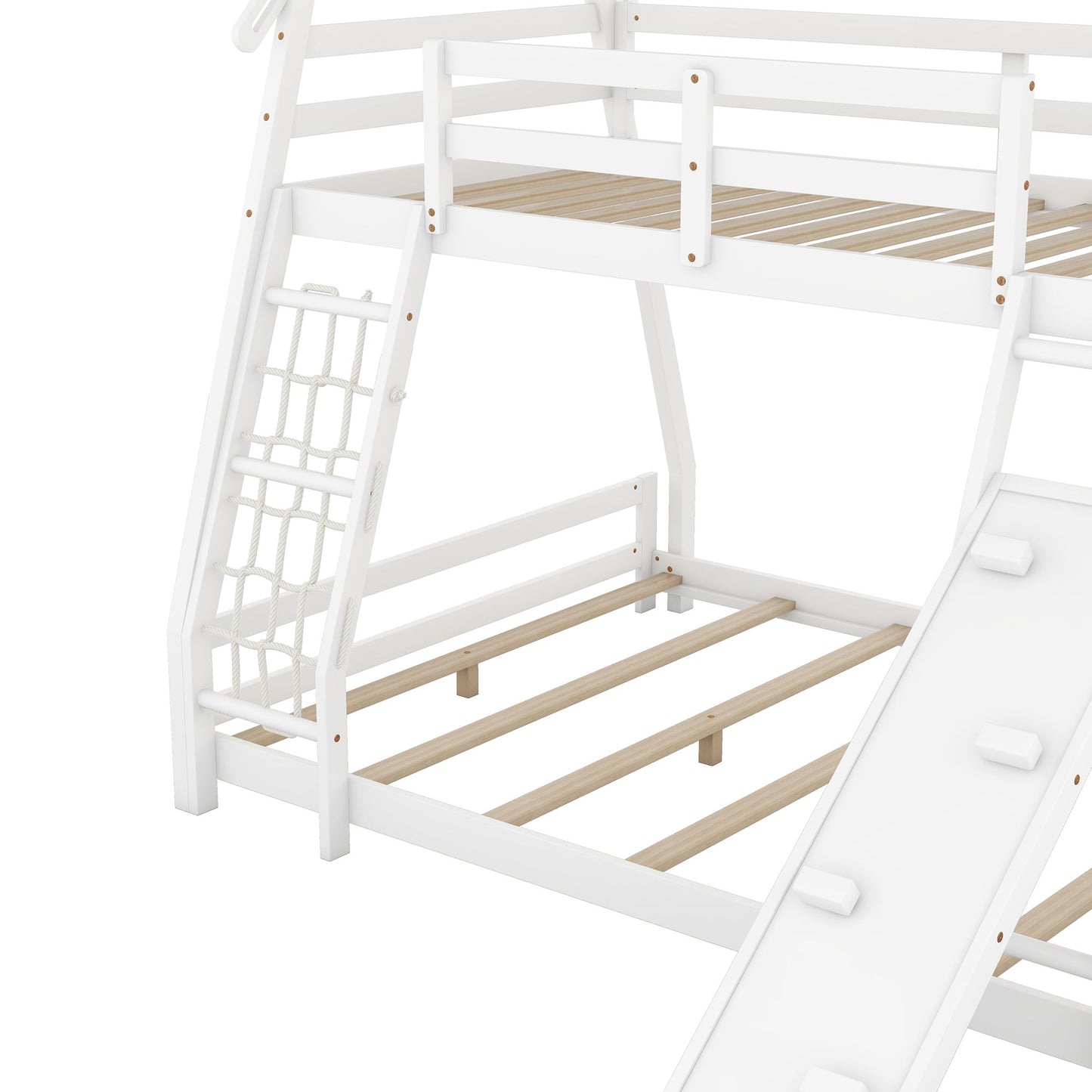 Twin Over Queen House Bunk Bed With Climbing Nets And Climbing Ramp - White