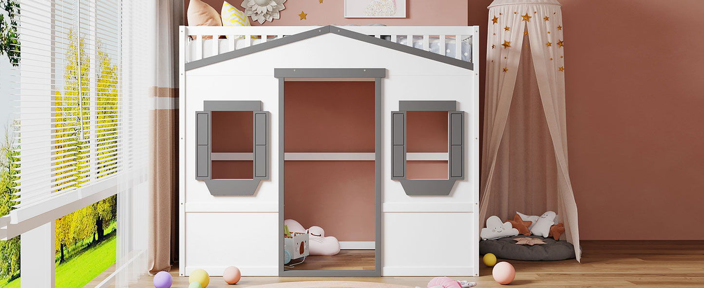 Twin Size House Loft Bed With Ladder - White / Gray
