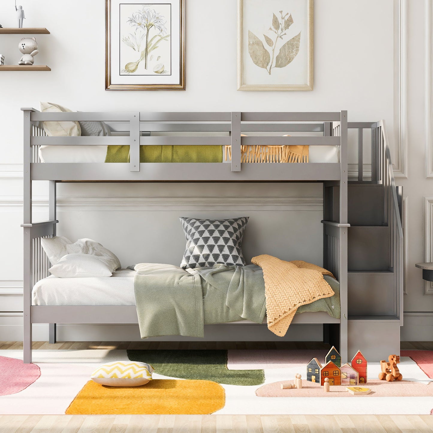 Stairway Twin Over Twin Bunk Bed With Storage And Guard Rail For Bedroom - Gray