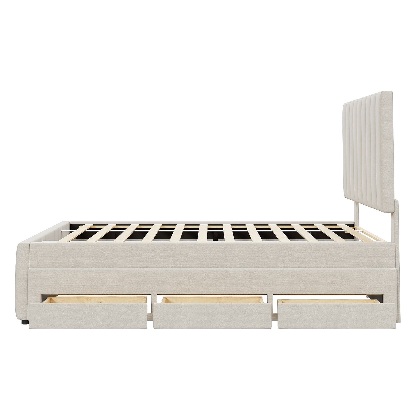 Full Size Upholstered Platform Bed With Twin Size Trundle And 3 Drawers - Beige