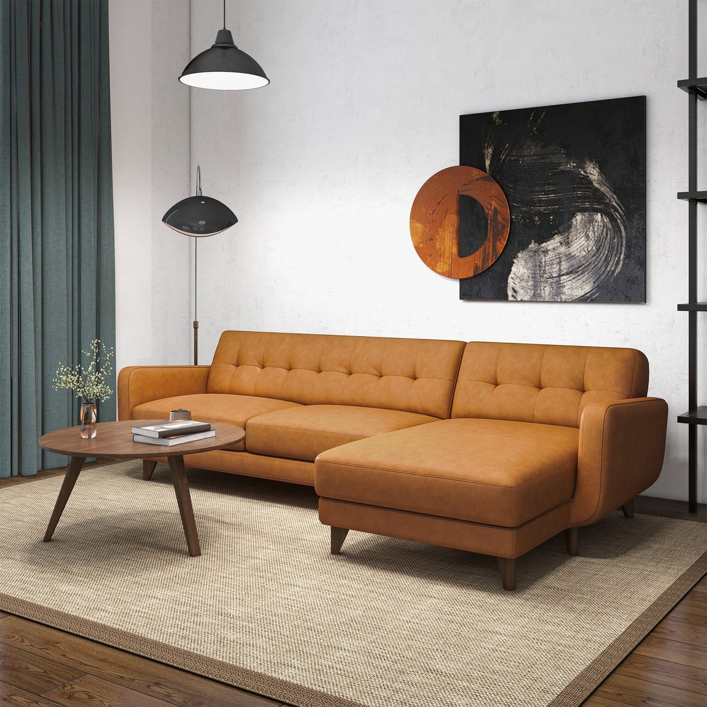 Allison - Right Facing Leather Sectional Sofa - Tan