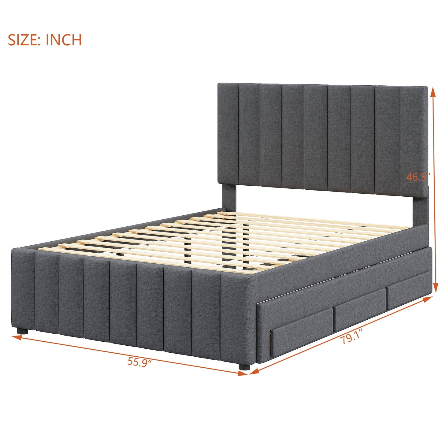 Full Size Upholstered Platform Bed With Twin Size Trundle And 3 Drawers - Gray