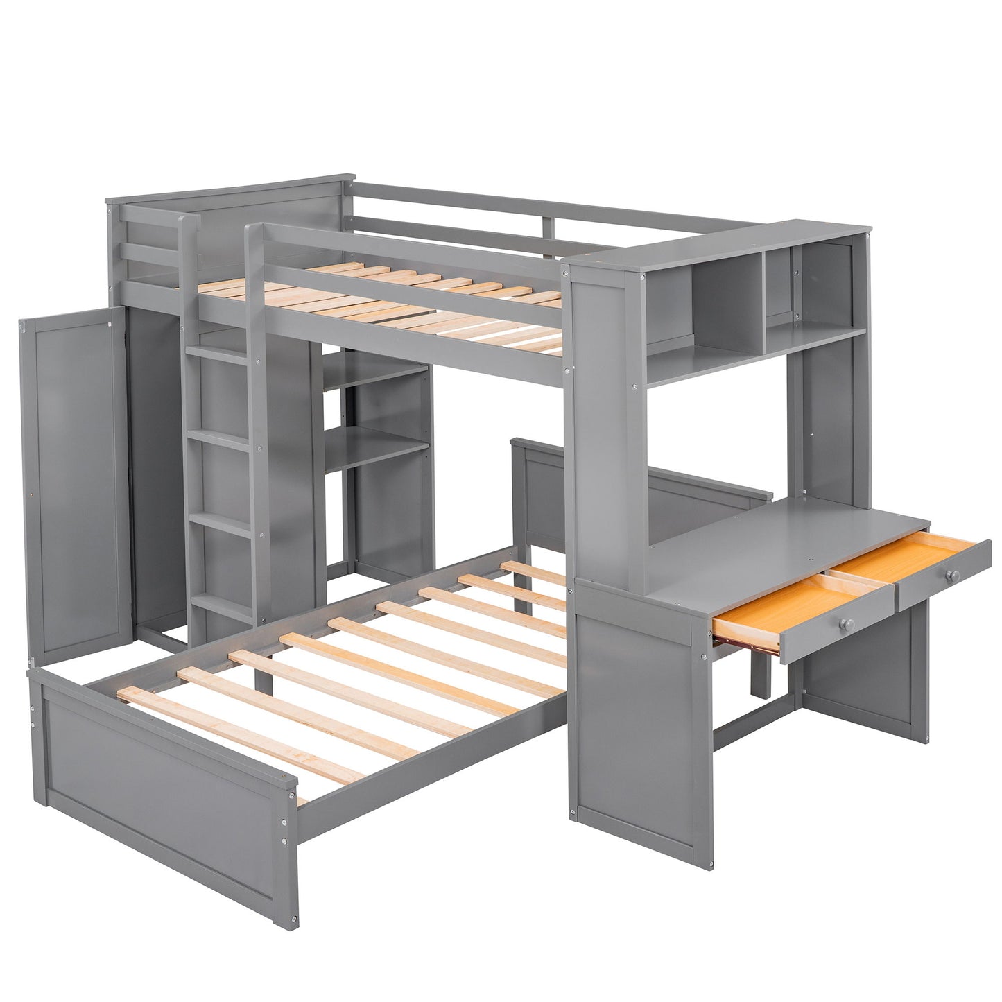 Twin Size Loft Bed With A Stand Alone Bed, Shelves, Desk, And Wardrobe - Gray