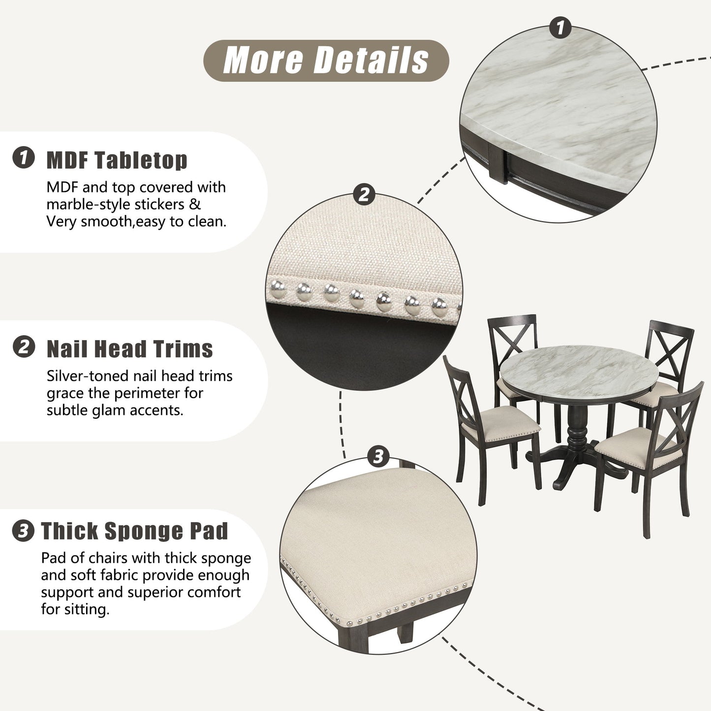 5 Pieces Dining Table And Chairs Set For 4 Persons, Kitchen Room Solid Wood Table With 4 Chairs - Gray
