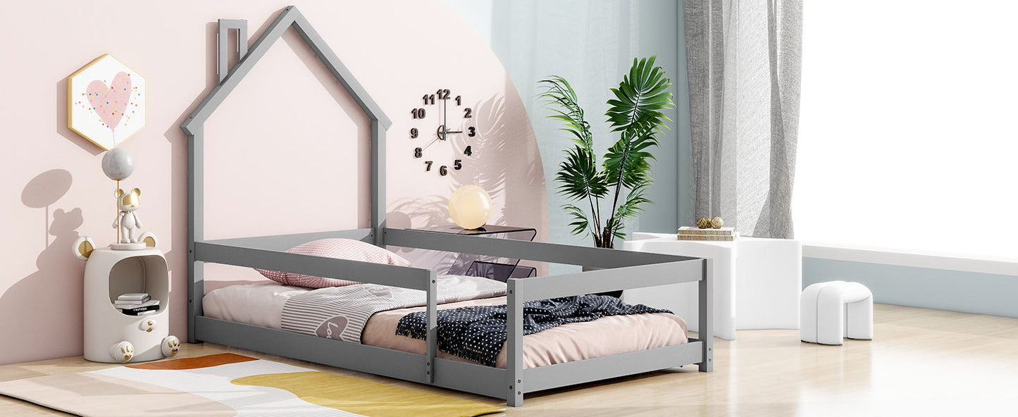 Twin Size Wood Bed With House-Shaped Headboard Floor Bed With Fences - Gray