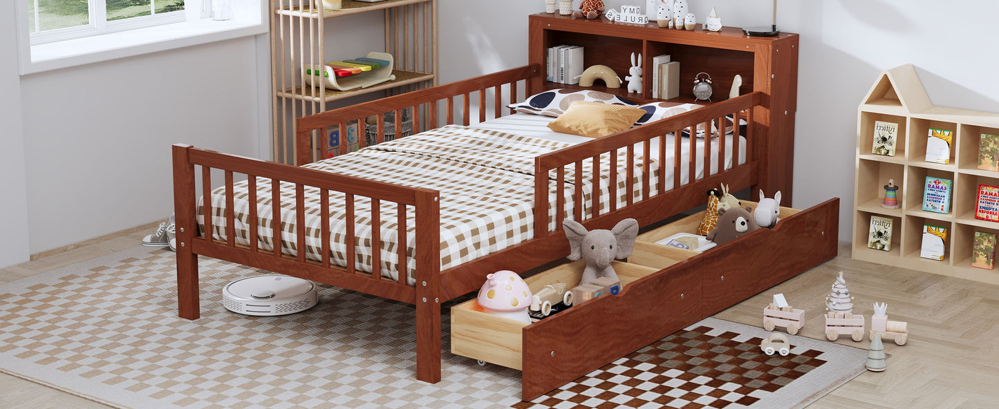 Twin Size Bed With Headboard Storage Rack, 2 Under Bed Drawers, 3 - Side Guardrails For Safety And Security - Walnut