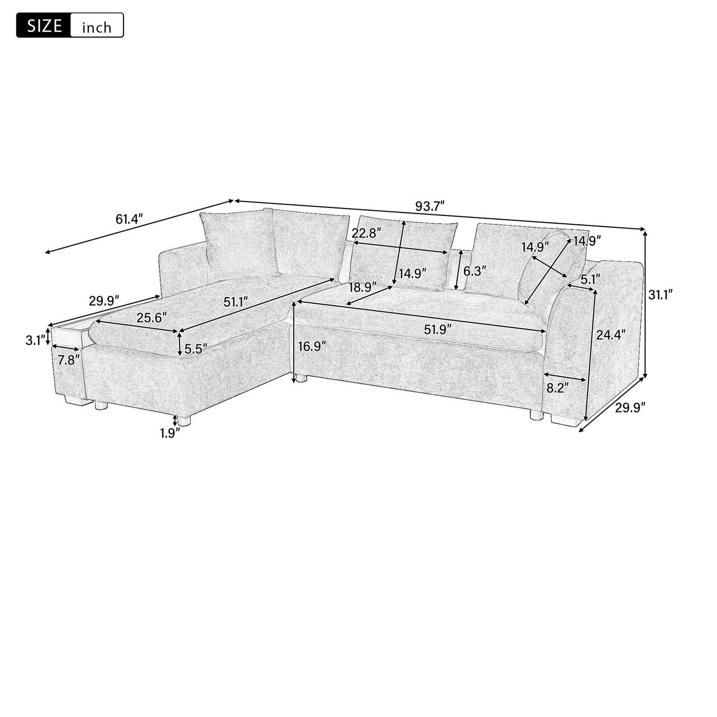 Modern L Shaped Sectional Sofa With Storage Chenille, Upholstered Couch - Gray