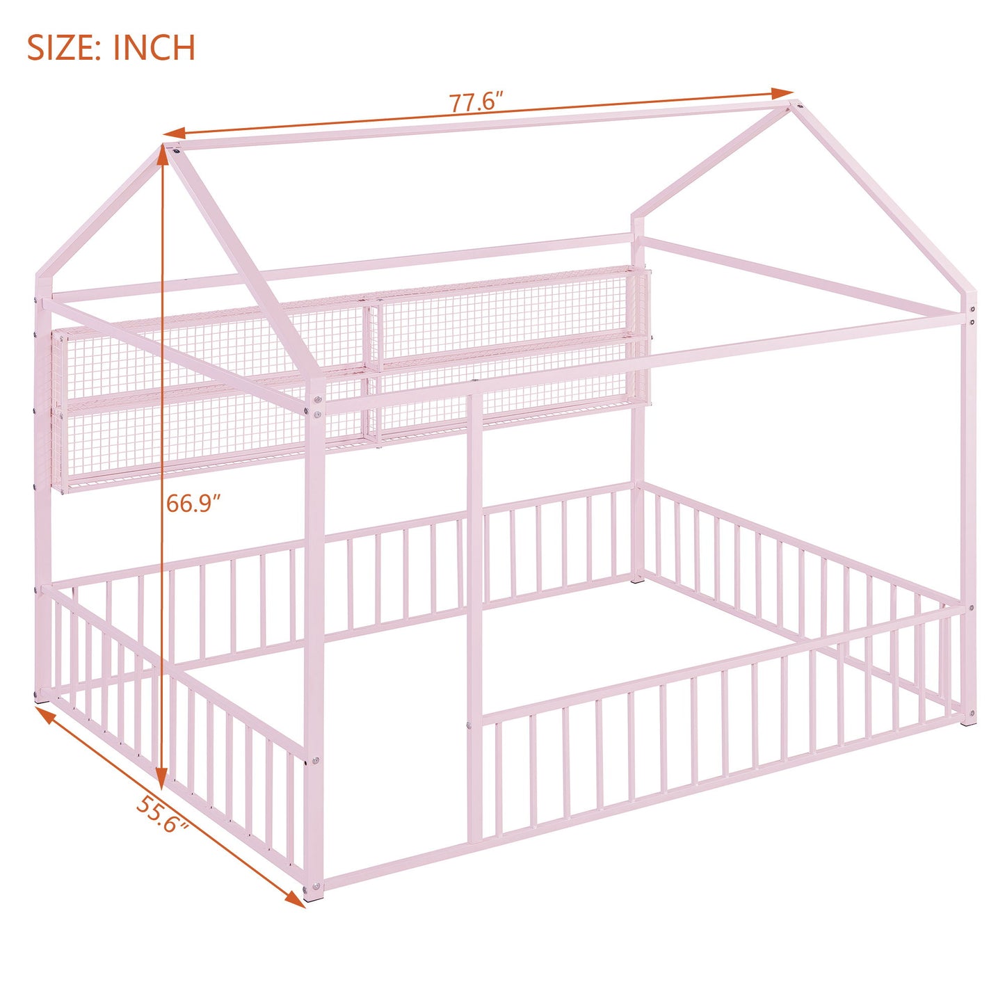 Full Size Bed House Frame With Fence And Shelves - Pink