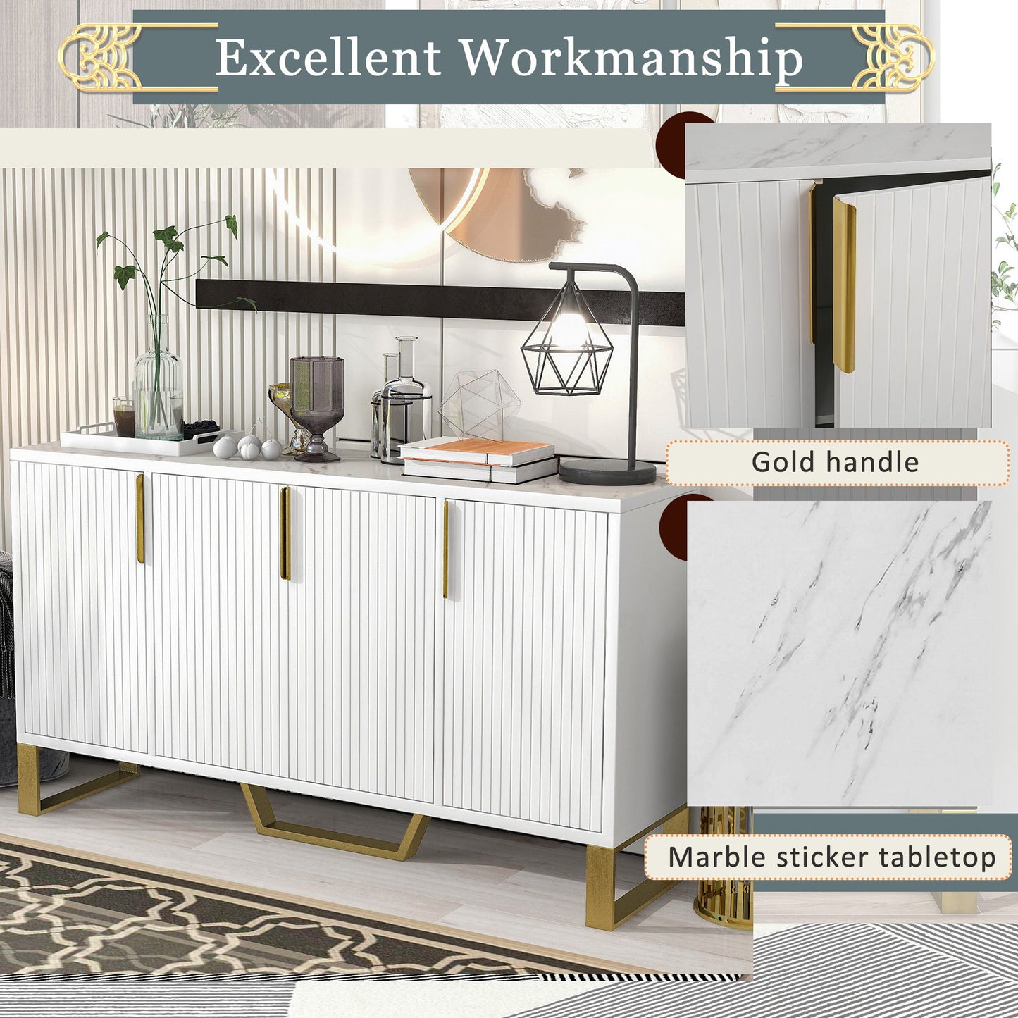 Modern Sideboard With Four Doors, Metal Handles & Legs And Adjustable Shelves Kitchen Cabinet - White