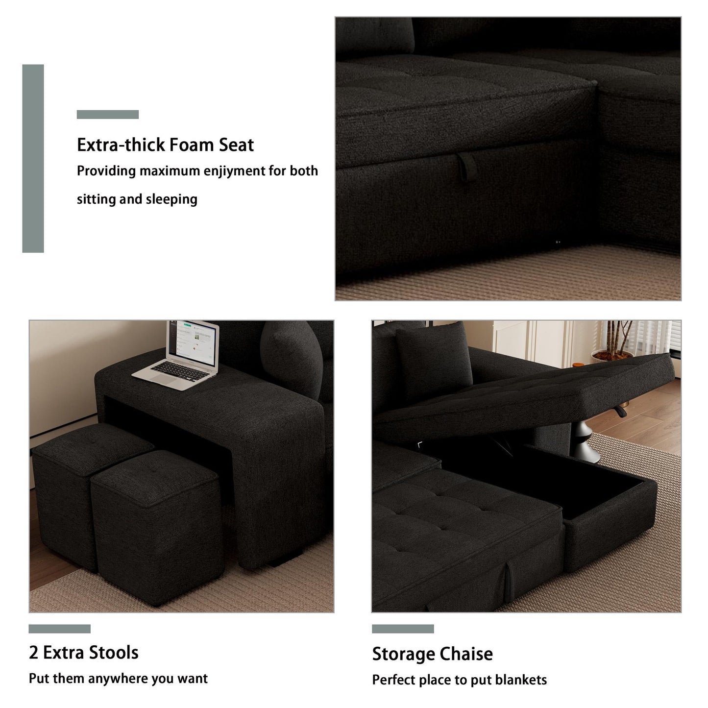 Modern L-Shape 3 Seat Reversible Sectional Couch, Pull Out Sleeper Sofa With Storage Chaise And 2 Stools For Living Room Furniture Set - Charcoal Gray