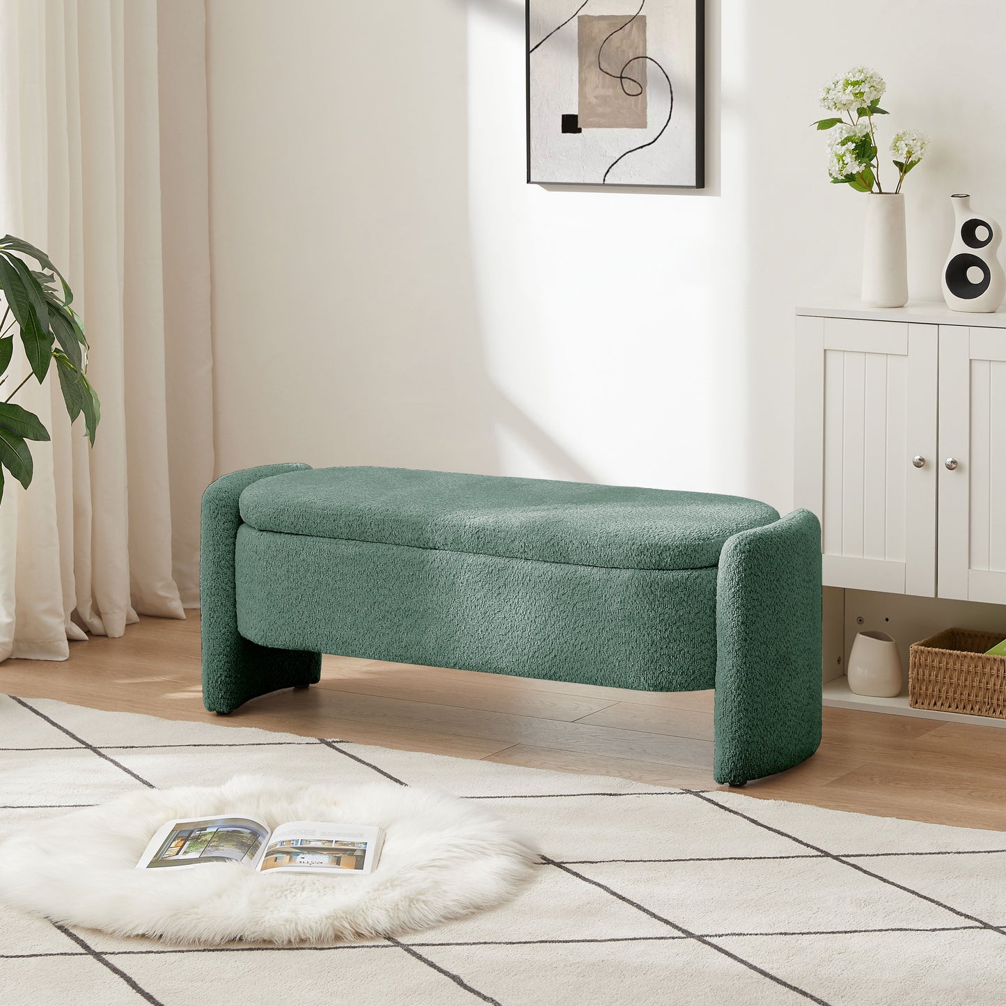 Ottoman Oval Storage Bench, 3D Lamb Fleece Bench With Large Storage Space For The Living Room, Entryway And Bedroom - Green