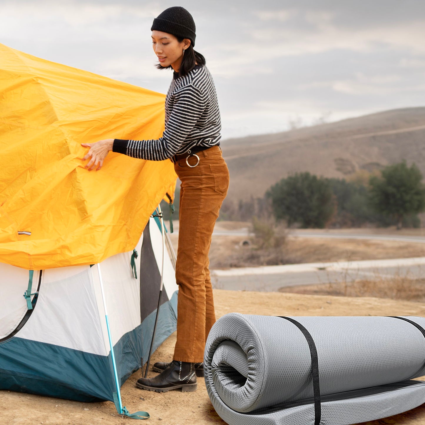 Memory Foam Camping Mattress With Water Resistant Cover - Gray