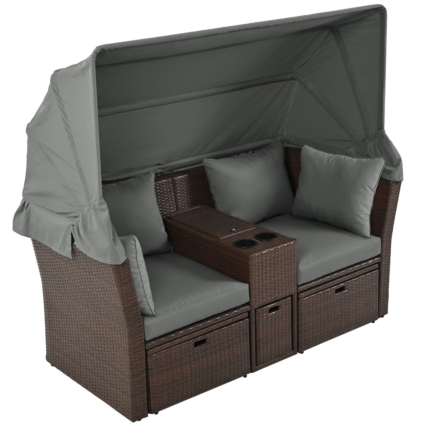 2 Seater Outdoor Patio Daybed Outdoor Double Daybed Outdoor Loveseat Sofa Set With Foldable Awning And Cushions For Garden, Balcony, Poolside - Gray