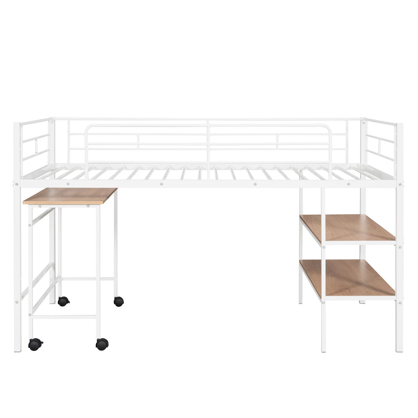 Twin Size Loft Bed With Desk And Shelves - White