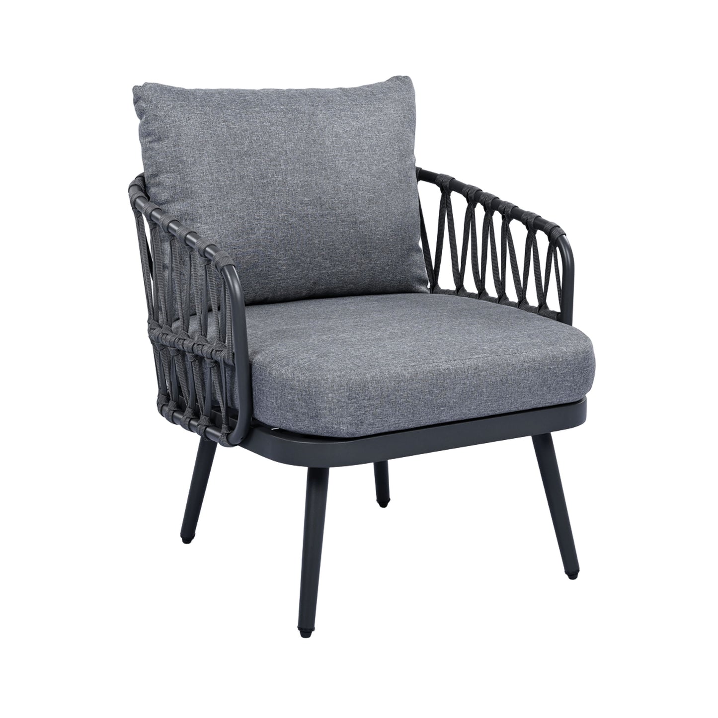 4 Piece Outdoor Patio Furniture Set, Metal Chairs With Woven Rope U Shaped Backrest, Outdoor Conversation Set With Thick Cushions And Coffee Table For Garden, Poolside, Balcony - Black / Gray