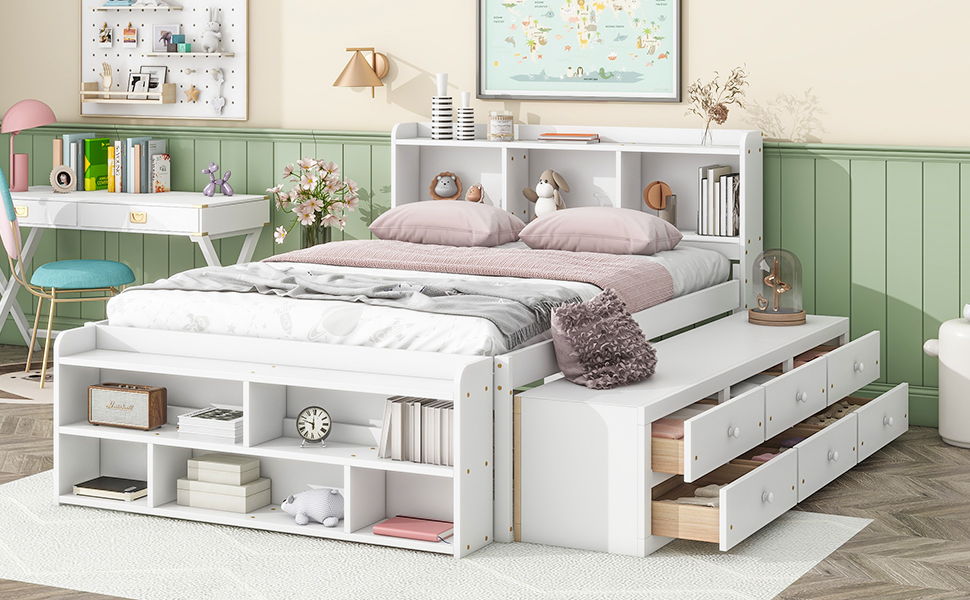 Full Bed With Bookcase Headboard, Under Bed Storage Drawers And Bed End Storage Case - White