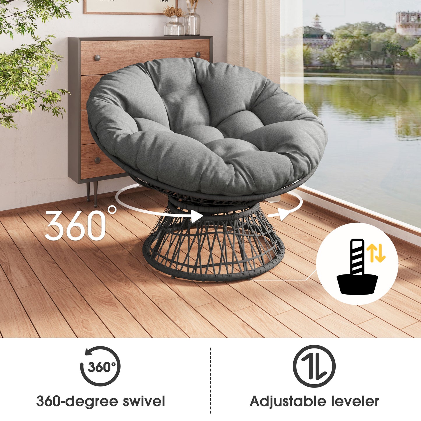 Ergonomic Wicker Chair With Cloud Thick Density Cushion, 3 Proof Cover High Capacity Iron Frame Fluid 360ÔøΩÔøΩÔøΩÔøΩÔøΩÔøΩÔøΩÔøΩÔøΩÔøΩÔøΩÔøΩÔøΩÔøΩÔøΩ Swivel - Gray