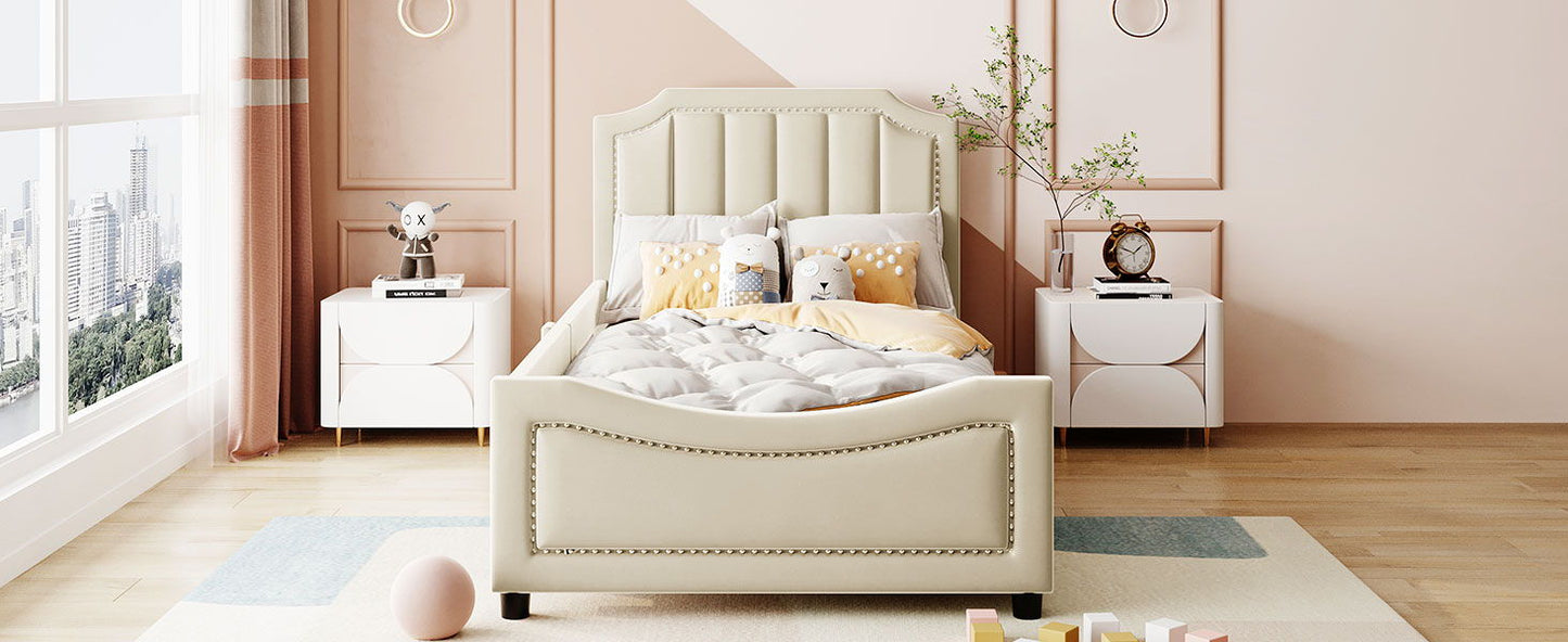 Twin Size Upholstered Daybed With Classic Stripe Shaped Headboard - Beige