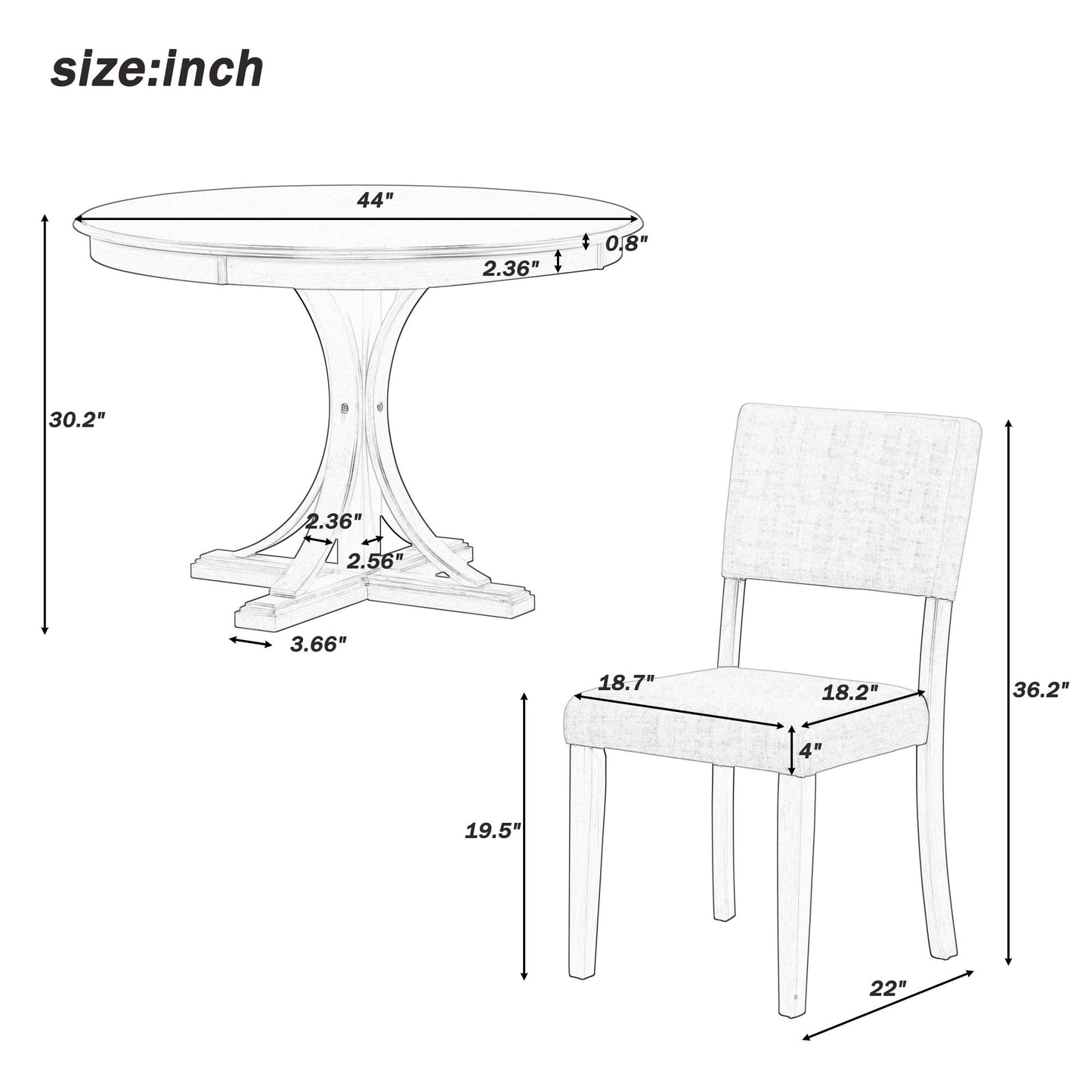 5 Piece Retro Round Dining Table Set With Curved Trestle Style Table Legs And 4 Upholstered Chairs For Dining Room - Dark Gray