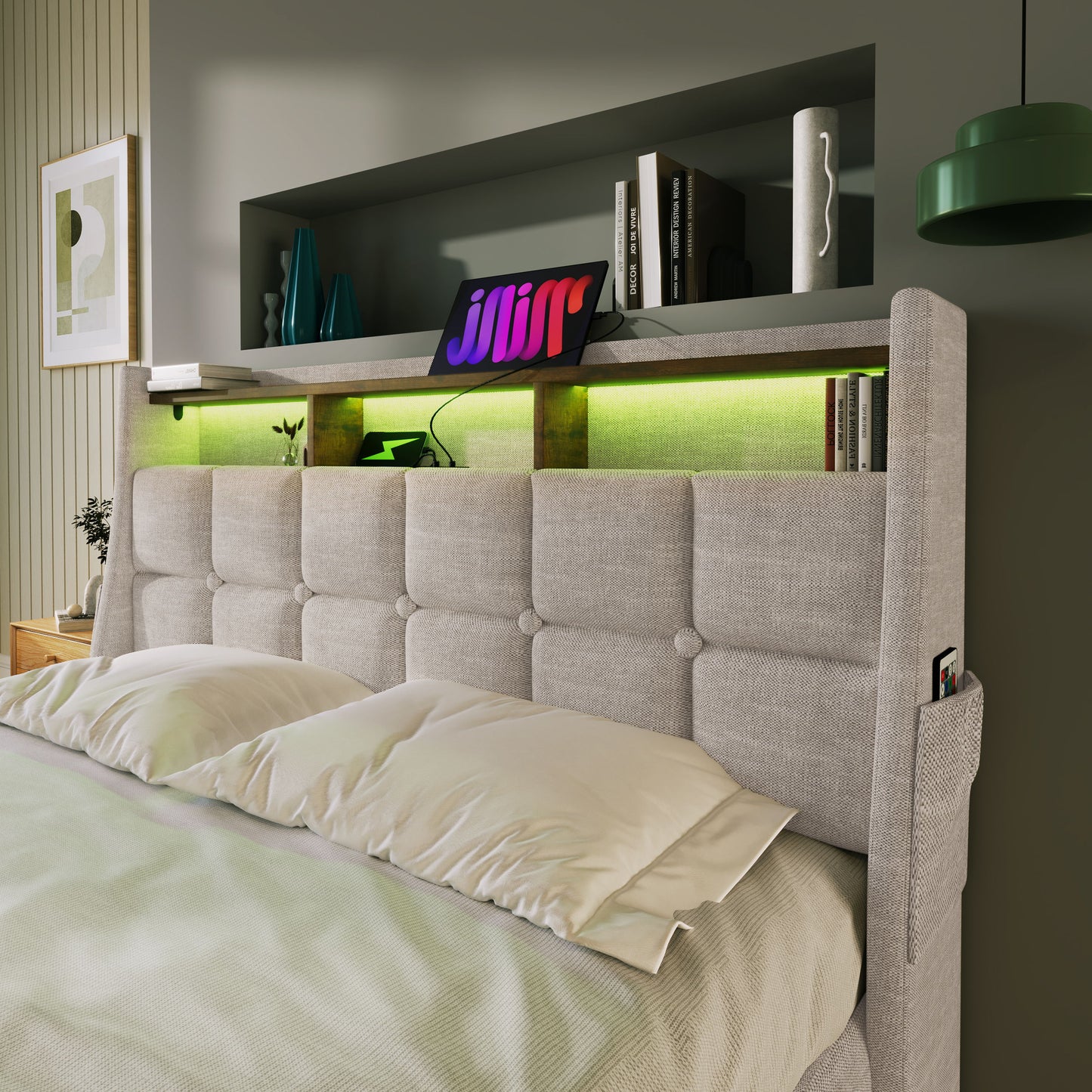 Full Size Upholstered Platform Bed With A Hydraulic Storage System, LED And USB Charging (Without Mattress) - Natural