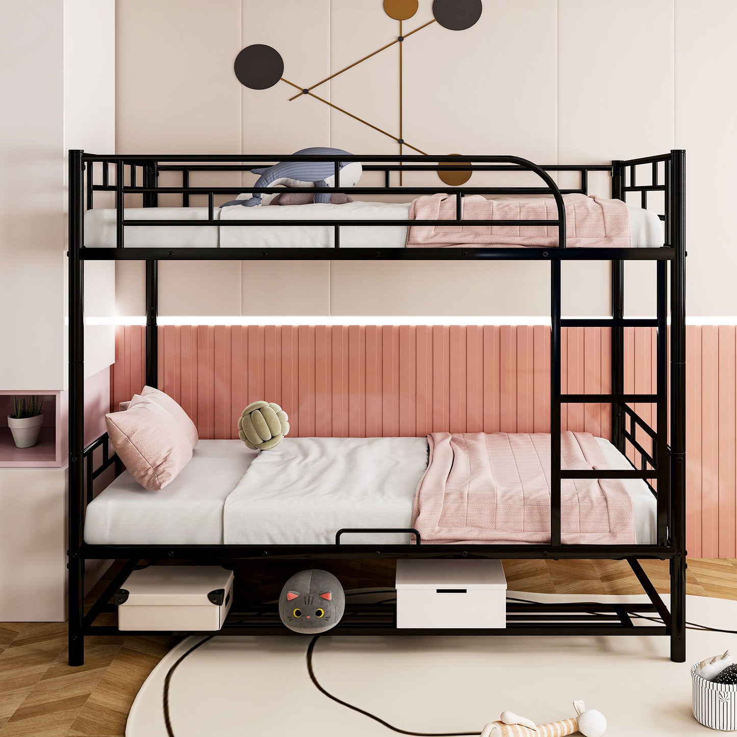 Twin Over Twin Bunk Bed With Shelf And Guardrails - Black