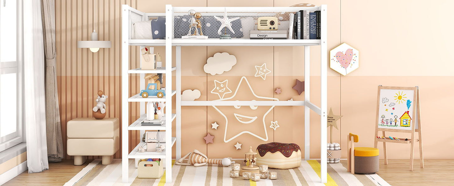 Full Size Loft Bed With 4 Tier Shelves And Storage - White
