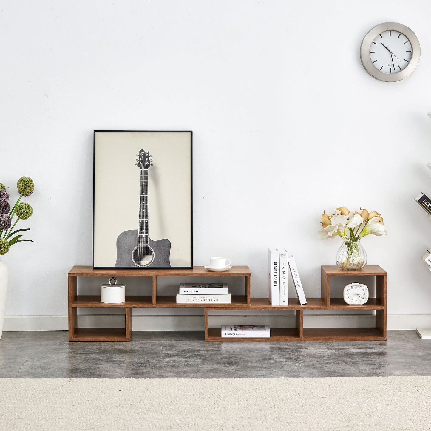 Modern 2 Piece Cube TV Stand With Open Storage, L Shaped Design - Walnut